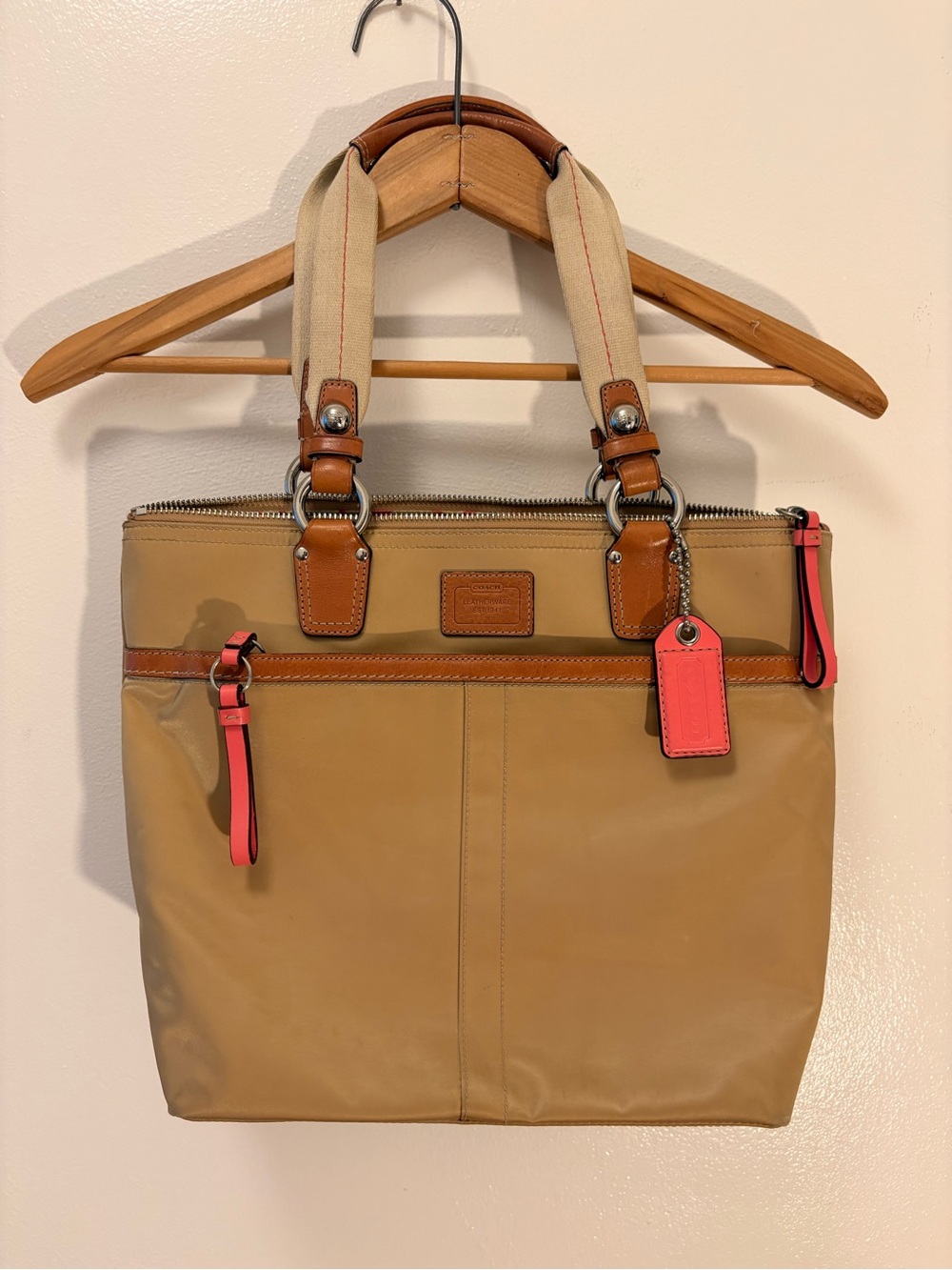 Coach Tan and Pink Canvas Tote with Leather Trim